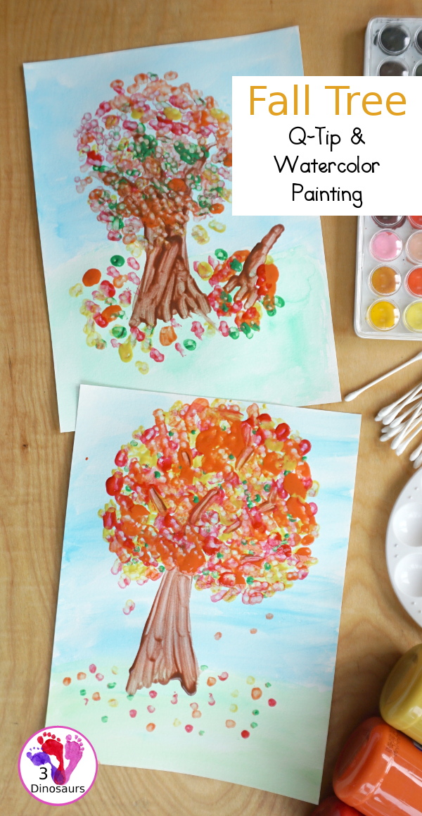 Fall Tree Watercolor and Q-Tip Painting - a mixed art painting project for kids to do for a fall tree. - 3Dinosaurs.com