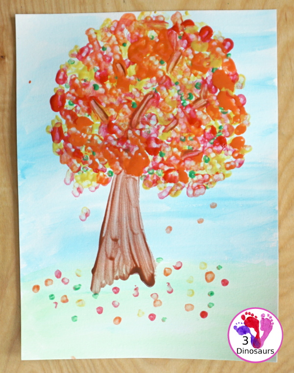 Fall Tree Watercolor and Q-Tip Painting - a mixed art painting project for kids to do for a fall tree. - 3Dinosaurs.com