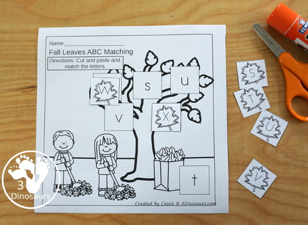 Free Fall Leaves ABC Cut & Paste -All 26 letters in a mix of letters in order and a mix of letters - 10 pages of printables - 3Dinosaurs.com #3dinosaurs #nopreprintable #freeprintable #ABCs #prek #kindergarten