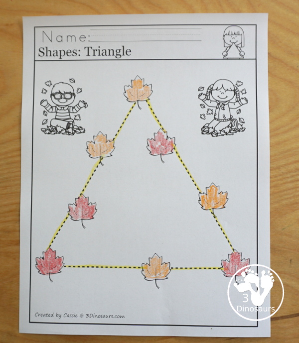 Leaf Activities Pack: Leaf Themed No-Prep Shape Printables - has 9 shapes with 1 shape on each page for kids to trace and color - 3Dinosaurs.com