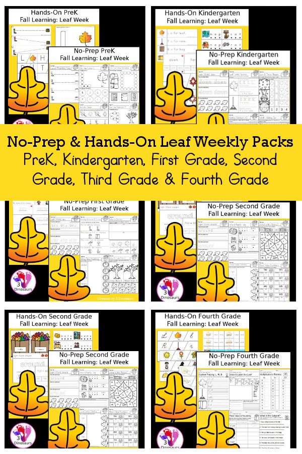 No-Prep & Hands-On Leaf Themed Weekly Packs for PreK, Kindergarten, First Grade, Second Grade, Third Grade & Fourth Grade with 5 days of activities to do for each grade level - 3Dinosaurs.com