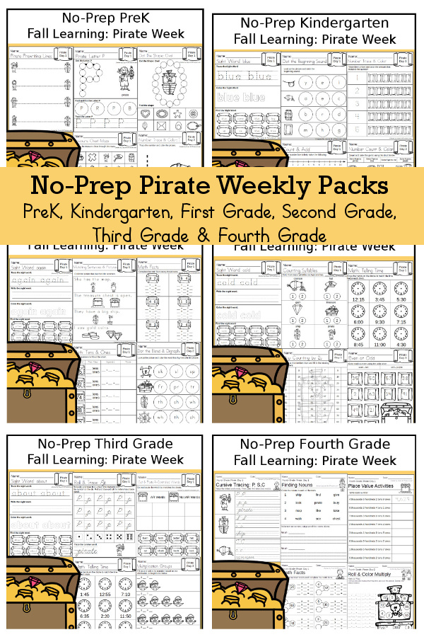 No-Prep Pirate Themed Weekly Packs for PreK, Kindergarten, First Grade, Second Grade, Third Grade & Fourth Grade with 5 days of activities to do for each grade level - 3Dinosaurs.com