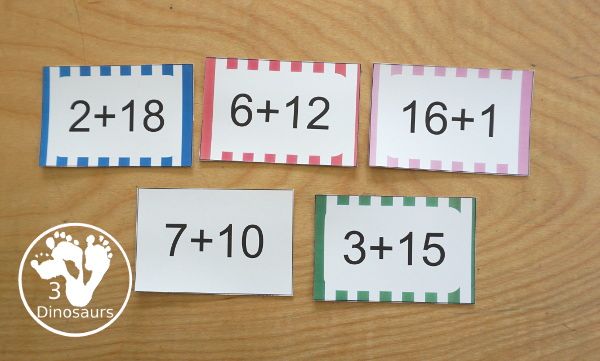 Free Addition Flash Cards 11-20 - five colors of addition cards to pick from with 8 addition flashcards on each page - 3Dinosaurs.com