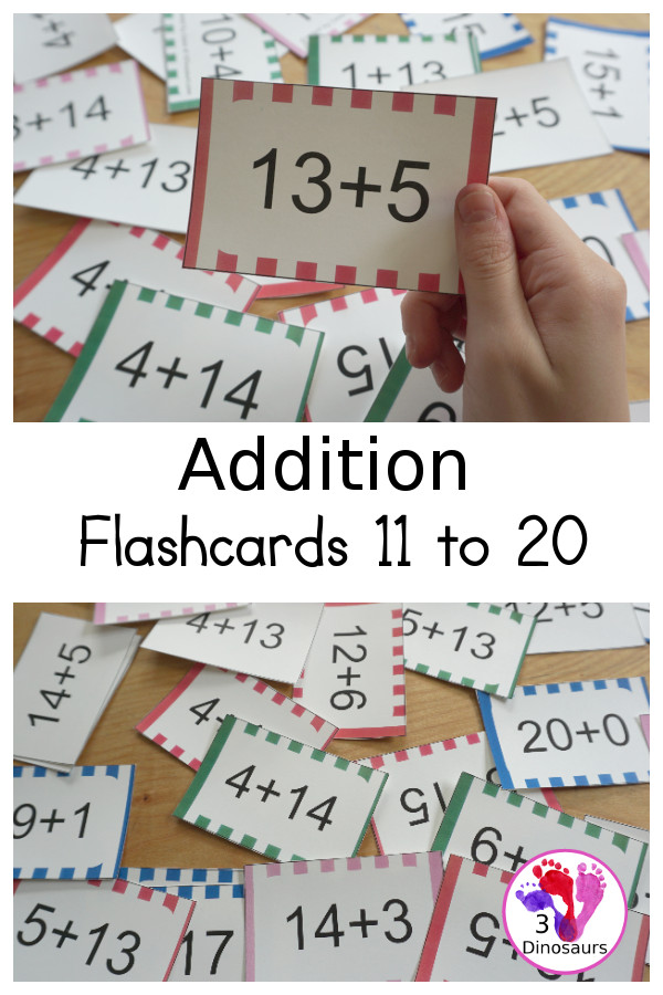 Free Addition Flash Cards 11-20 - five colors of addition cards to pick from with 8 addition flashcards on each page - 3Dinosaurs.com