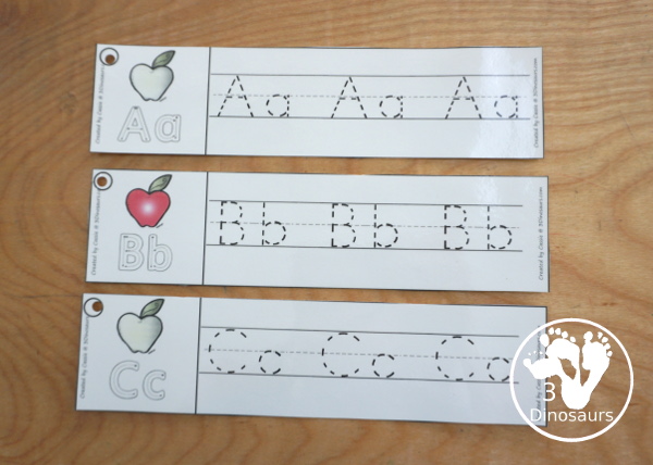 Free Apple Theme ABC Tracing Strips - with uppercase and lowercase together. You have fun kids with an apple plus you can see an example of how to trace the letters - 3Dinosaurs.com