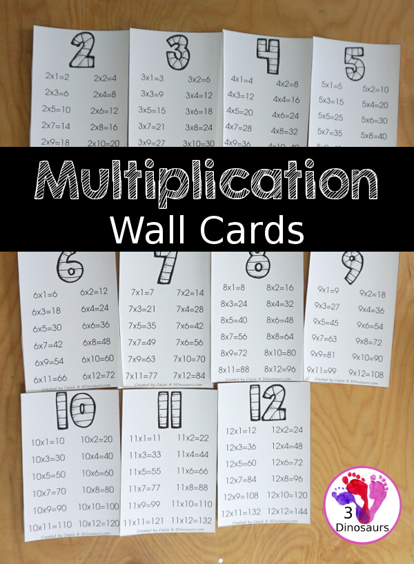 Free Multiplication Wall Cards: Two Types - You have a set of multiplication wall cards filled out and multiplication wall cards that have answer blank - 3Dinosaurs.com