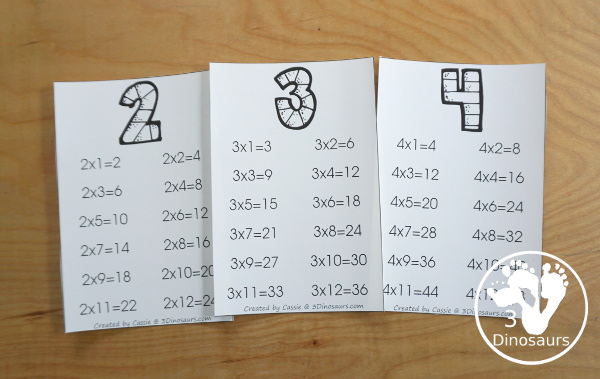 Free Multiplication Wall Cards: Two Types - You have a set of multiplication wall cards filled out and multiplication wall cards that have answer blank - 3Dinosaurs.com