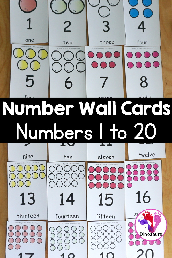 Free Number Wall Cards 1 to 20 - you have number wall cards that are great for PreK and kindergarten with a fun gumballs with number digit and number word on the cards - 3Dinosaurs.com