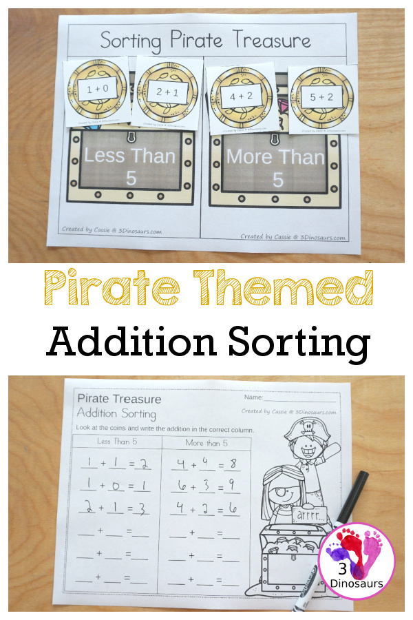 Free Pirate Addition Sorting - work on sorting more than 5 and less than 5 with 12 addition cards to sort with recording sheet - 3Dinosaurs.com