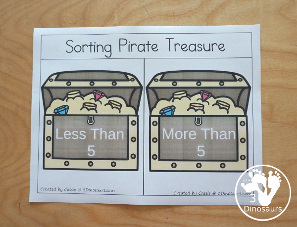 Free Pirate Addition Sorting - work on sorting more than 5 and less than 5 with 12 addition cards to sort with recording sheet - 3Dinosaurs.com