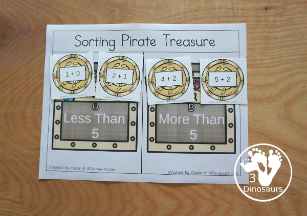 Free Pirate Addition Sorting - work on sorting more than 5 and less than 5 with 12 addition cards to sort with recording sheet - 3Dinosaurs.com