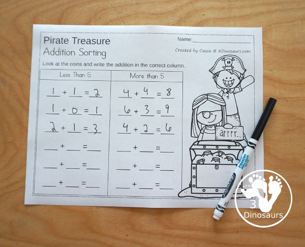 Free Pirate Addition Sorting - work on sorting more than 5 and less than 5 with 12 addition cards to sort with recording sheet - 3Dinosaurs.com