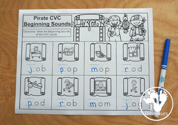 Free Pirate CVC Words Write Beginning Sounds - 5 fun CVC word worksheets that work on short a, short e, short i, short o, short u beginning sound words - 3Dinosaurs.com