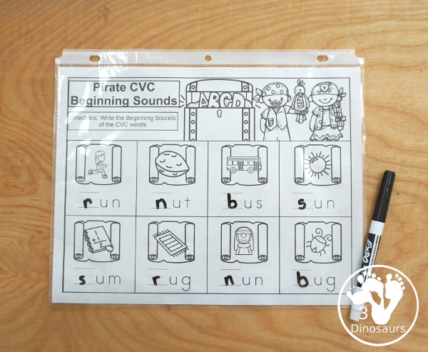 Free Pirate CVC Words Write Beginning Sounds - 5 fun CVC word worksheets that work on short a, short e, short i, short o, short u beginning sound words - 3Dinosaurs.com