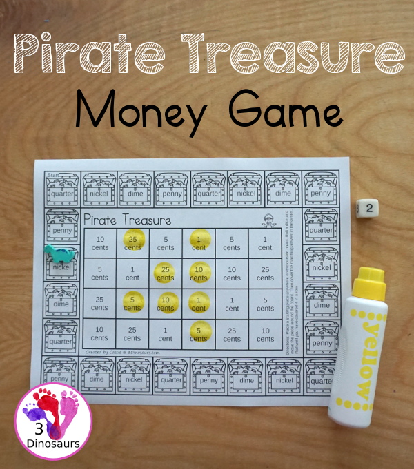 Free Pirate Themed Money Game - a fun game working on coin names and matching pictures or coin name and coin amounts for kids to have fun learning about money - 3Dinosaurs.com