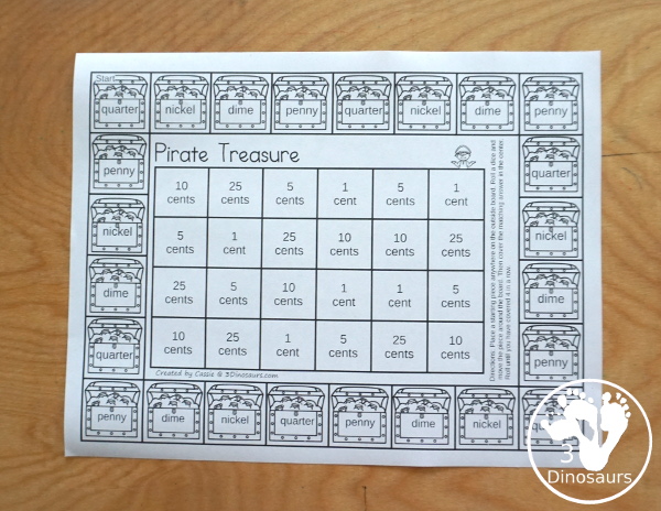 Free Pirate Themed Money Game - a fun game working on coin names and matching pictures and coin and coin amounts for kids to have fun learning about money - 3Dinosaurs.com