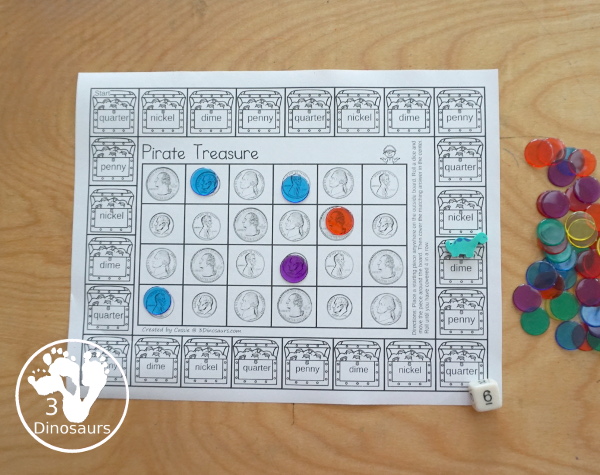 Free Pirate Themed Money Game - a fun game working on coin names and matching pictures and coin and coin amounts for kids to have fun learning about money - 3Dinosaurs.com