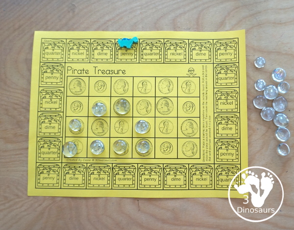 Free Pirate Themed Money Game - a fun game working on coin names and matching pictures and coin and coin amounts for kids to have fun learning about money - 3Dinosaurs.com