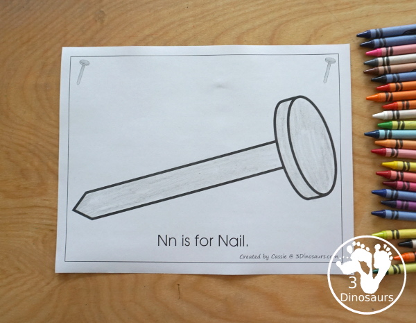 Romping & Roaring N Pack: Letter N is for Nail - a letter N pack that has prewriting, finding letters, tracing letters, coloring pages, shapes, puzzles and more - 3Dinosaurs.com