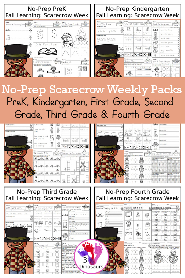 Scarecrow No-Prep Weekly Packs PreK, Kindergarten, First Grade, Second Grade, Third Grade & Fourth Grade with 5 days of activities to do for each grade level With loads of general scarecrow activities - You will find a mix of math, language, and more - These are easy to use packs for fall learning, homework, early finisher, and morning work. Easy no-prep printables for kids with four pages for each day - 3Dinosaurs.com