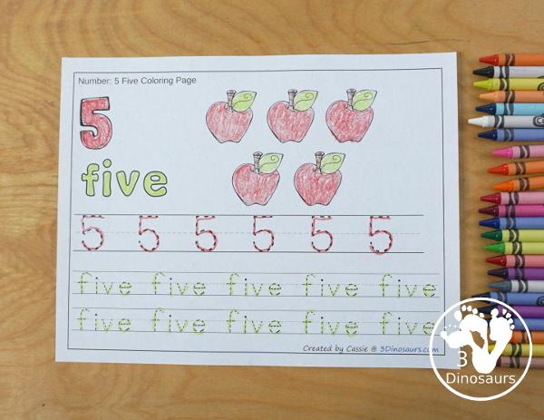 Free Apple Themed Number Color & Trace - Numbers 1 to 10 with a number to color, apples to count and color and three lines of tracing numbers - 3Dinosaurs.com