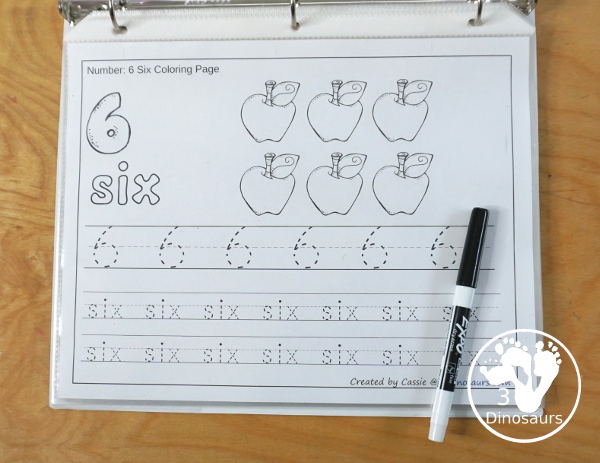 Free Apple Themed Number Color & Trace - Numbers 1 to 10 with a number to color, apples to count and color and three lines of tracing numbers - 3Dinosaurs.com