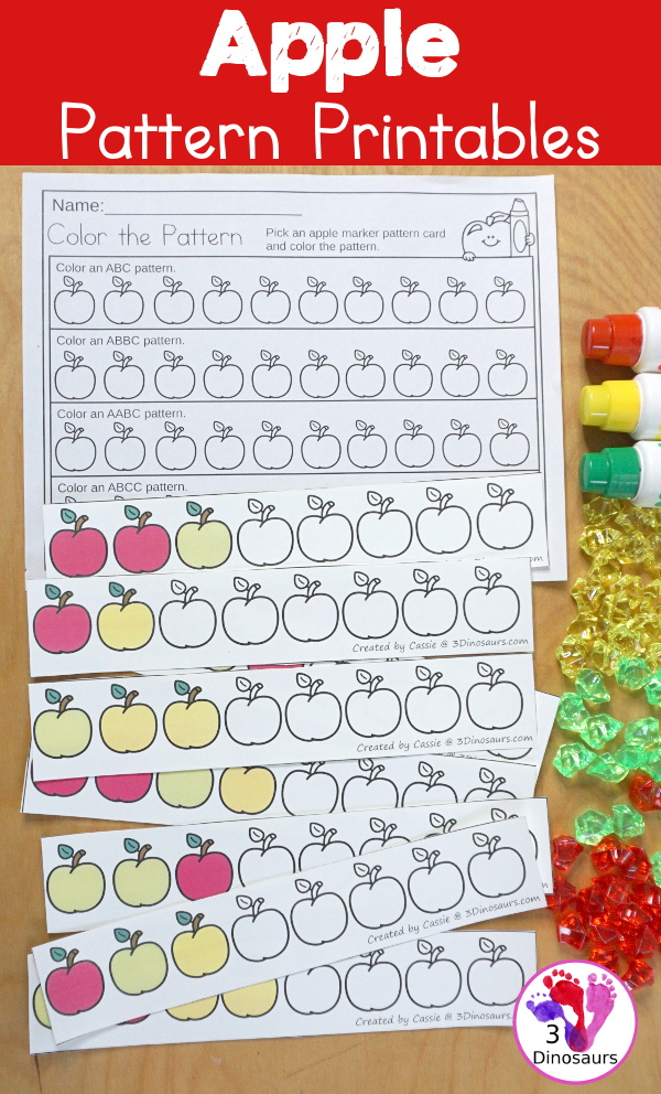 Free Apple Pattern Printable - a great way to work on patterns for the fall with AB and ABC patterns for kids to use with pattern worksheets, pattern grids, continue the pattern for kindergarten and PreK pattern math. - 3Dinosaurs.com