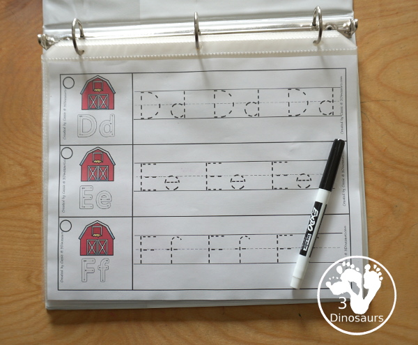 Free Farm ABC Tracing Strips - with uppercase and lowercase together. You have fun kids with a farm barn, plus you can see an example of how to trace the letters - 3Dinosaurs.com