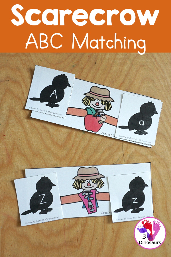 Free Scarecrow ABC Matching Printable -0 matching the beginning sound for each picture on the scarecrow with a crow that has an uppercase and lowercase letter. All 26 letters of the alphabet. - 3Dinosaurs.com