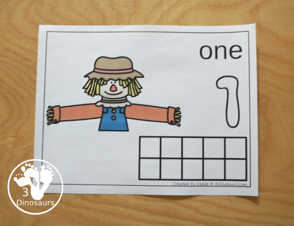 Free Scarecrow Counting Mats 1 to 10 - with ten counting mats - you have one mat for each number to work on one at at time with ten frame, counting area, and playdough number. - 3Dinosaurs.com