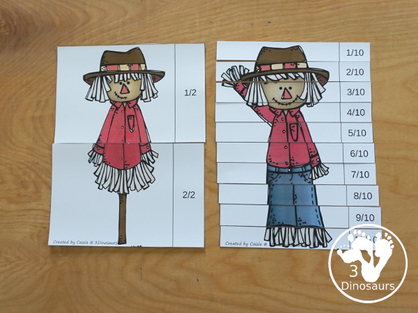 Free Scarecrow Fraction Puzzles - it has 7 fraction puzzles with 2, 3, 4, 5, 6, 8, 10 for the parts for the fractions  - 3Dinosaurs.com