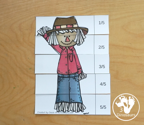 Free Scarecrow Fraction Puzzles - it has 7 fraction puzzles with 2, 3, 4, 5, 6, 8, 10 for the parts for the fractions  - 3Dinosaurs.com