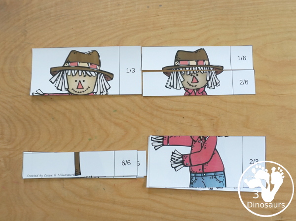 Free Scarecrow Fraction Puzzles - it has 7 fraction puzzles with 2, 3, 4, 5, 6, 8, 10 for the parts for the fractions  - 3Dinosaurs.com