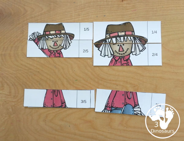 Free Scarecrow Fraction Puzzles - it has 7 fraction puzzles with 2, 3, 4, 5, 6, 8, 10 for the parts for the fractions  - 3Dinosaurs.com