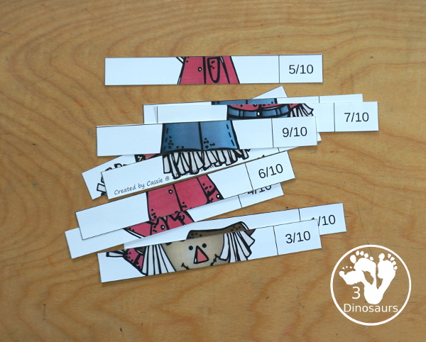 Free Scarecrow Fraction Puzzles - it has 7 fraction puzzles with 2, 3, 4, 5, 6, 8, 10 for the parts for the fractions  - 3Dinosaurs.com