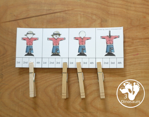 Free Sequencing Mini: Build a Scarecrow Printable with clip cards, order of event cards, writing paper for order of event and a cut and paste printables for the order of events. - 3Dinosaurs.com