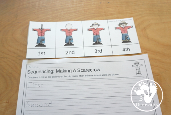 Free Sequencing Mini: Build a Scarecrow Printable with clip cards, order of event cards, writing paper for order of event and a cut and paste printables for the order of events. - 3Dinosaurs.com