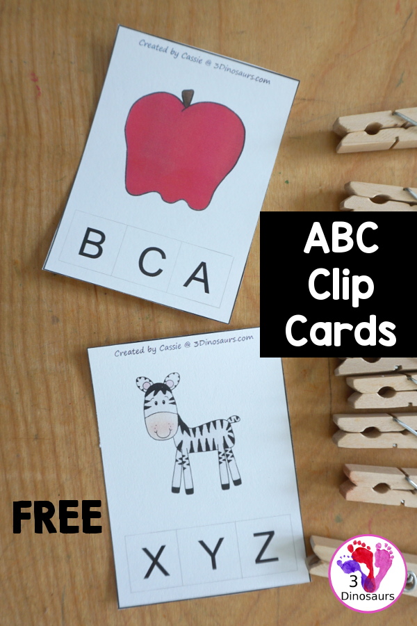 Free ABC Beginning Sound Clip Cards - all 26 letters of the alphabet with 3 letter options on each clip card. - 3Dinosaurs.com