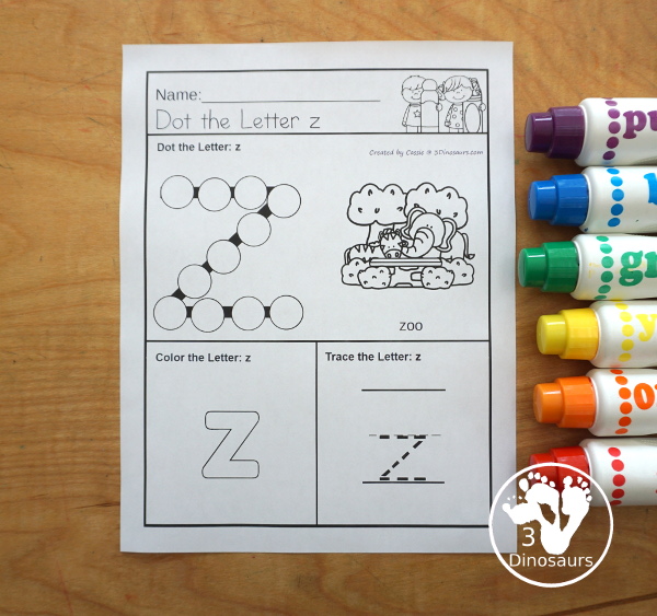 ABC Dot the Letter, Color the Letter & Trace the Letter - a fun letter worksheets with one letter on each page with a dot marker letter, a letter to color and a letter to trace, with a picture matching the beginning sound of the letter and the word for the picture - 3Dinosaurs.com