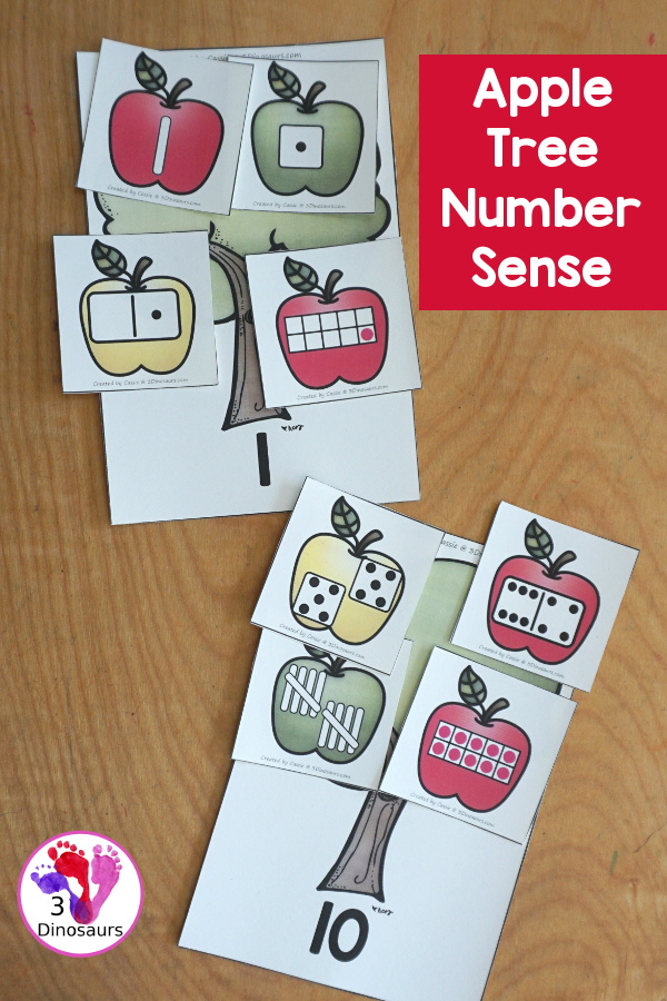 Free Apple Number Sense for Kids: Numbers 1 to 10 with apple tree for sorting and apples to sort to the trees with number sense for tally marks, dominos, ten frames, and dice - 3Dinosaurs.com
