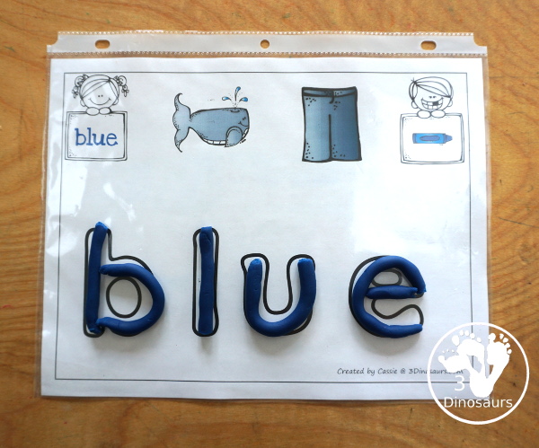 Free Color Word Playdough Mats - with 11 color words for kids to use with 2 pictures of the colors on each playdough word mat - 3Dinosaurs.com