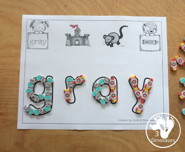 Free Color Word Playdough Mats - with 11 color words for kids to use with 2 pictures of the colors on each playdough word mat - 3Dinosaurs.com