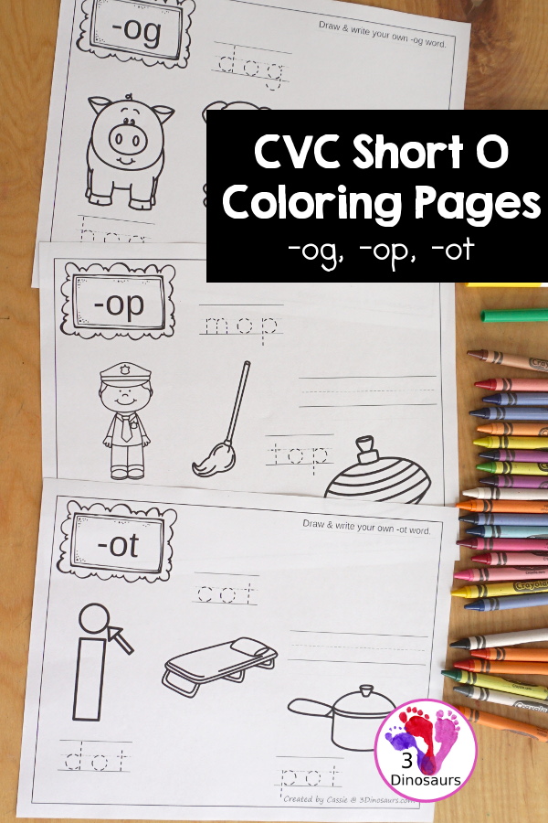 Free CVC Word Family Coloring Pages: Short O Vowel with -og,  -op, -ot  with tracing the words, coloring the pictures and draw their own short o word for the short o vowels plus ending - 3Dinosaurs.com