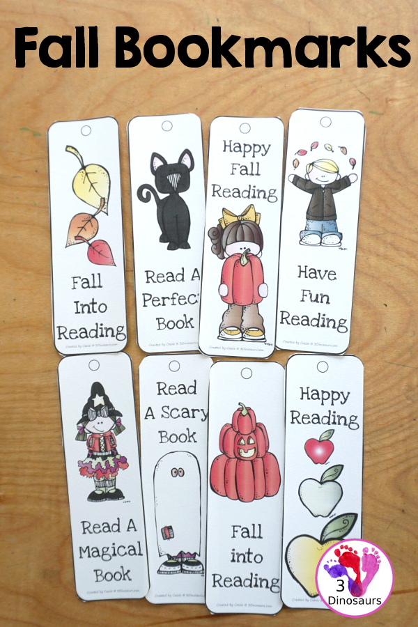 Free Fall Bookmarks for Kids - with 12 bookmarks to use for fall with apples, leaves, pumpkins and Halloween - 3Dinosaurs.com