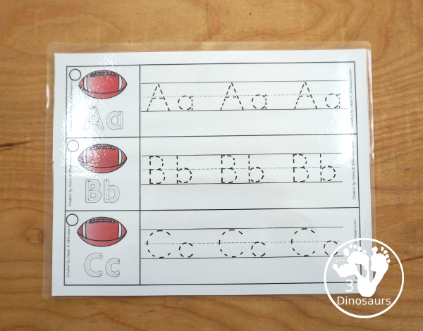 Free Football ABC Tracing Strips - with uppercase and lowercase together. You have fun kids with a Football- plus you can see an example of how to trace the letters - 3Dinosaurs.com