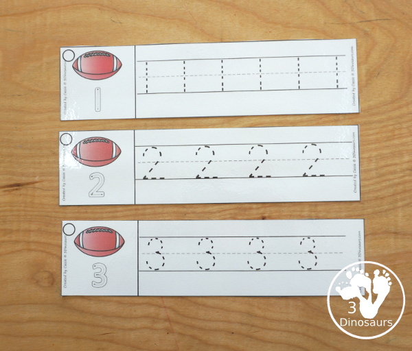 Free Football Number Tracing Strips - with numbers 0 to 20. You can tracing the numbers and an example of how to trace the numbers on the strips, plus a football on each tracing strip. - 3Dinosaurs.com