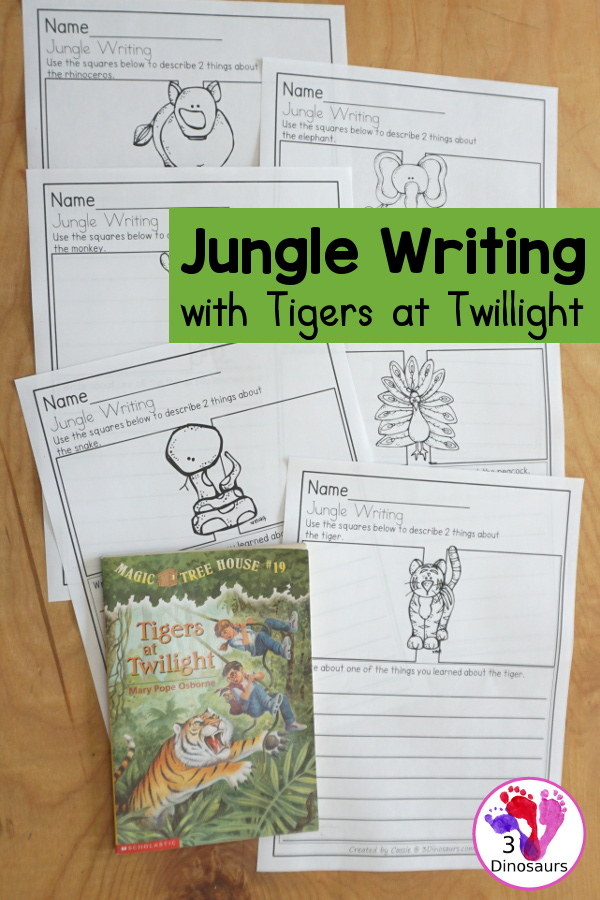 Free Jungle Writing with Tigers at Twilight - A fun writing activities with six different animals tigers, elephants, monkeys, rhinos,  snakes, and peacocks. You have fact writing and and sentence writing- 3Dinosaurs.com