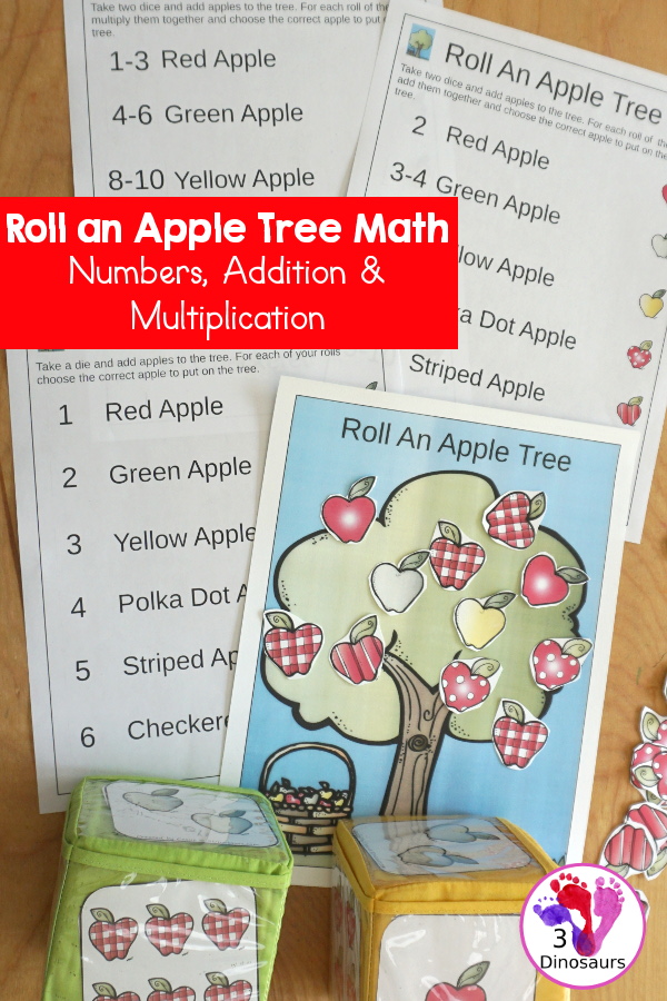 Free Roll an Apple Tree Printable - 3 Levels of learning: counting, addition, and multiplication - 3Dinosaurs.com