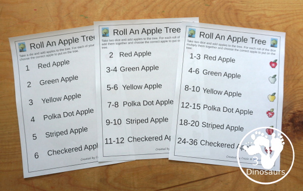 Free Roll an Apple Tree Printable - 3 Levels of learning: counting, addition, and multiplication - rolling math for  kids with apple tree theme with apple dice and recording sheet - 3Dinosaurs.com