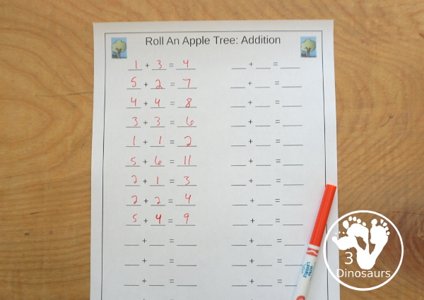 Free Roll an Apple Tree Printable - 3 Levels of learning: counting, addition, and multiplication - rolling math for  kids with apple tree theme with apple dice and recording sheet - 3Dinosaurs.com